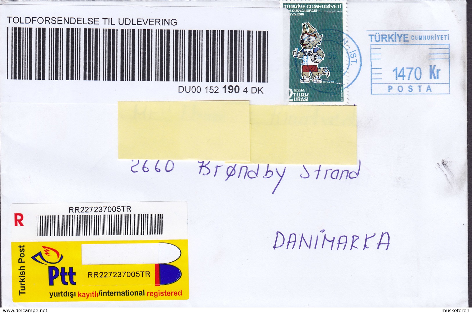 Turkey Registered Label & Uprated 2018 Meter Cover Freistempelbrief BRØNDBY STRAND Denmark TOLD Customs Douane Label !! - Covers & Documents