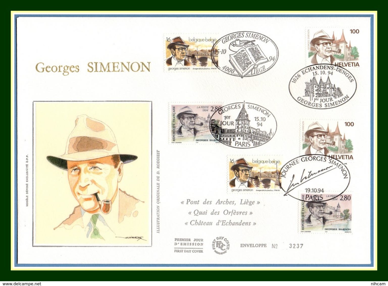 Emissions Communes FDC Soie Silk Georges Simenon 1994 France > Belgique > Suisse Tabac Pipe - Joint Issues