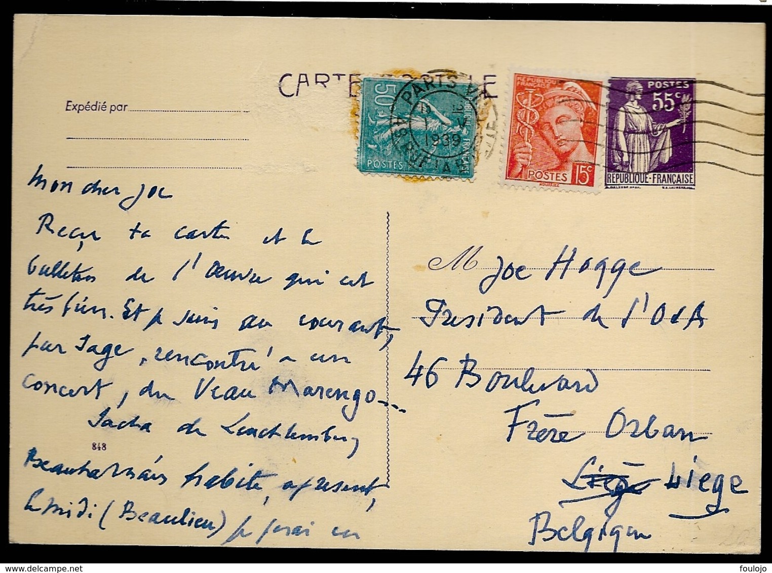 N° 362, 363 Et 408 Sur Carte Postale Expédiée De Paris VIII Rue La Boétie Le 1-V-1939 (Lot 632) - Altri & Non Classificati