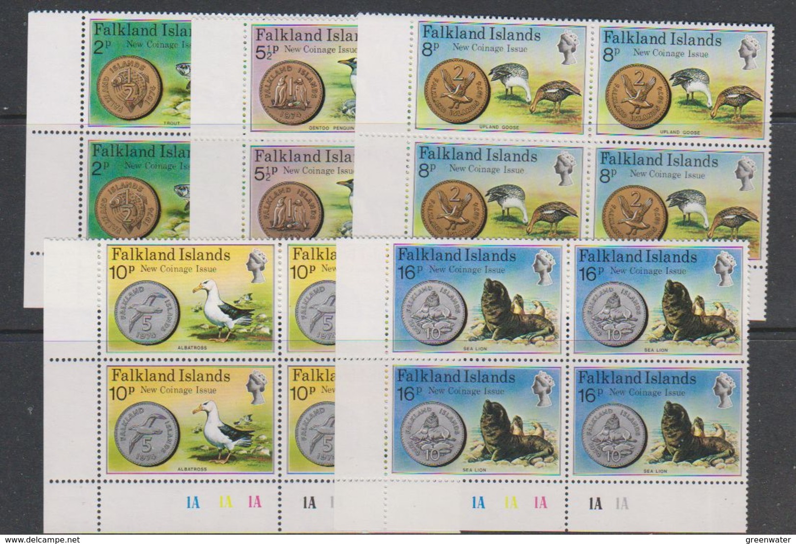 Falkland Islands 1975 New Coinage 5v Bl Of 4 (corner) ** Mnh (39515I) - Falkland Islands