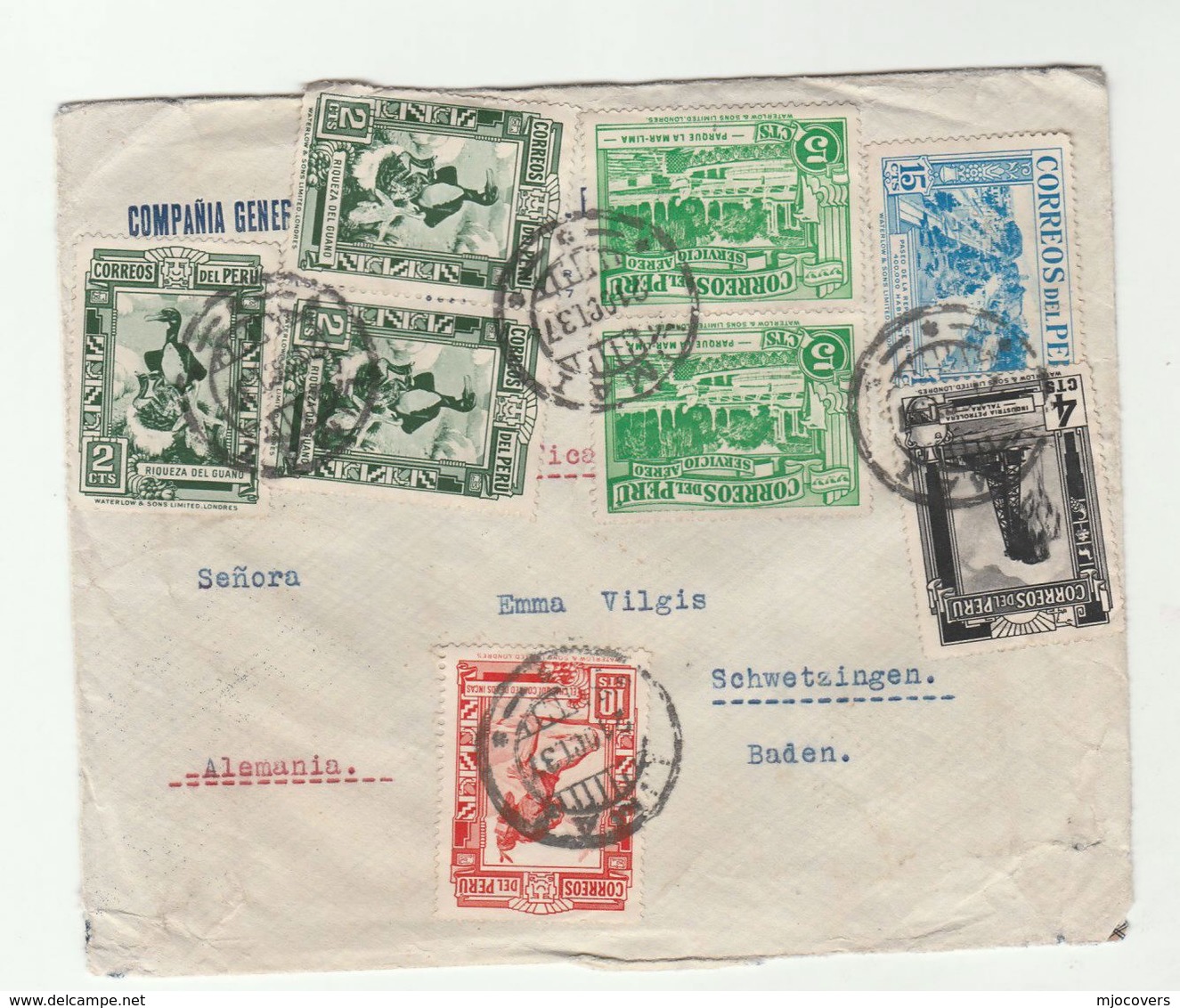 1937 PERU COVER To GERMANY  Stamps INCA , PETROLEUM, BIRD , PARK  Birds Oil Energy - Peru