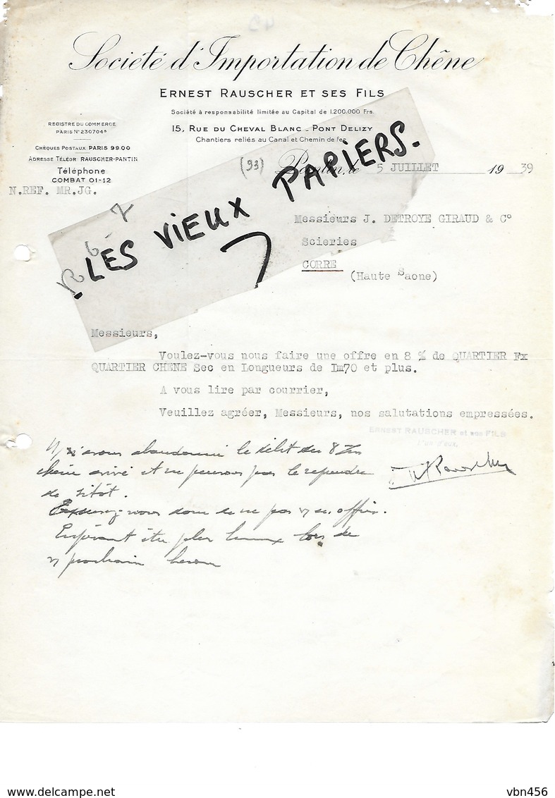 93 - Seine-st-denis - PANTIN - Facture RAUSCHER - Importation De Chêne - 1939 - REF 97D - 1900 – 1949