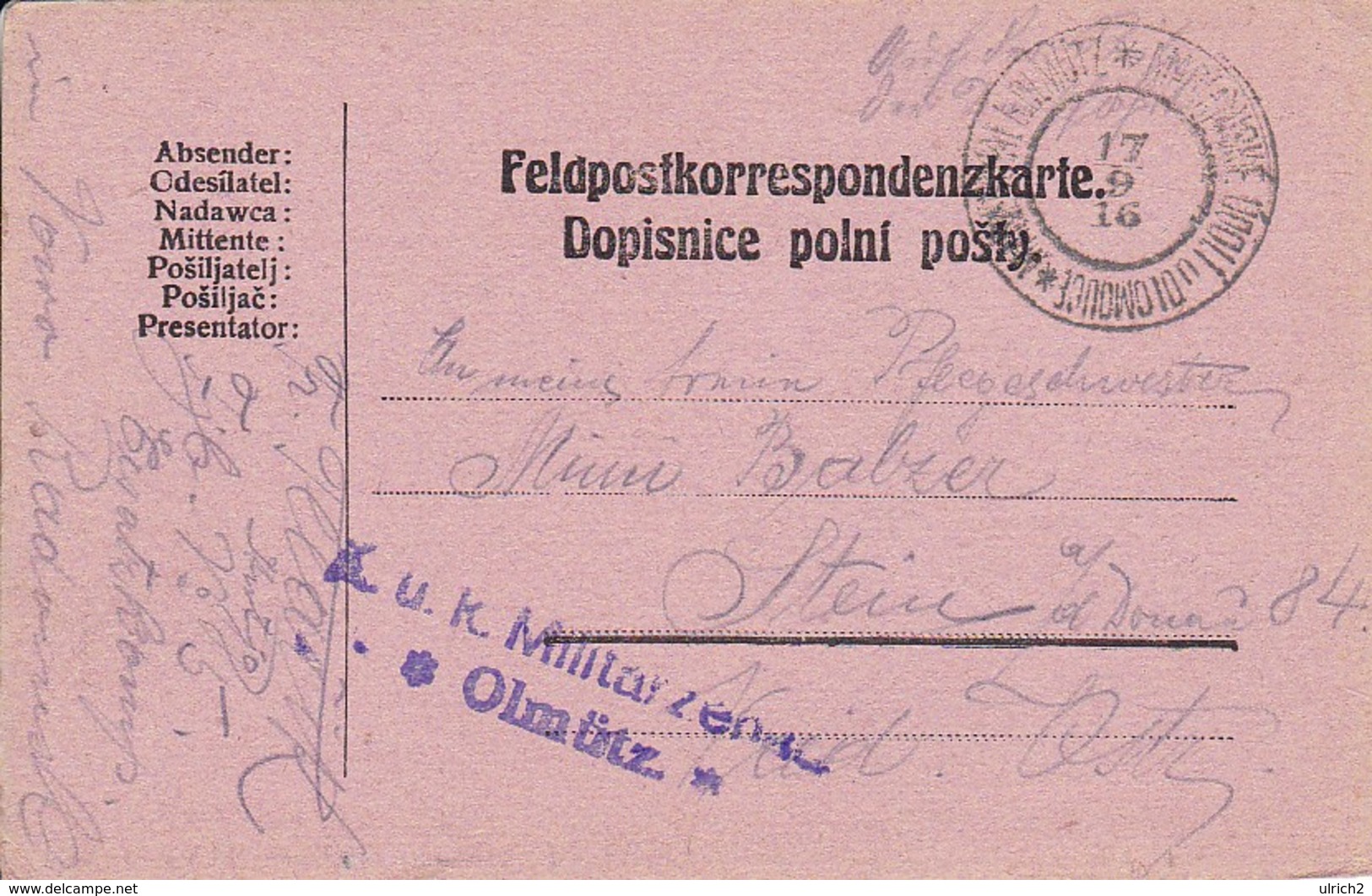 Feldpostkarte - Fjb No. 5 - Olmütz Nach Stein An Der Donau - Militärzensur - 1916 (35643) - Briefe U. Dokumente