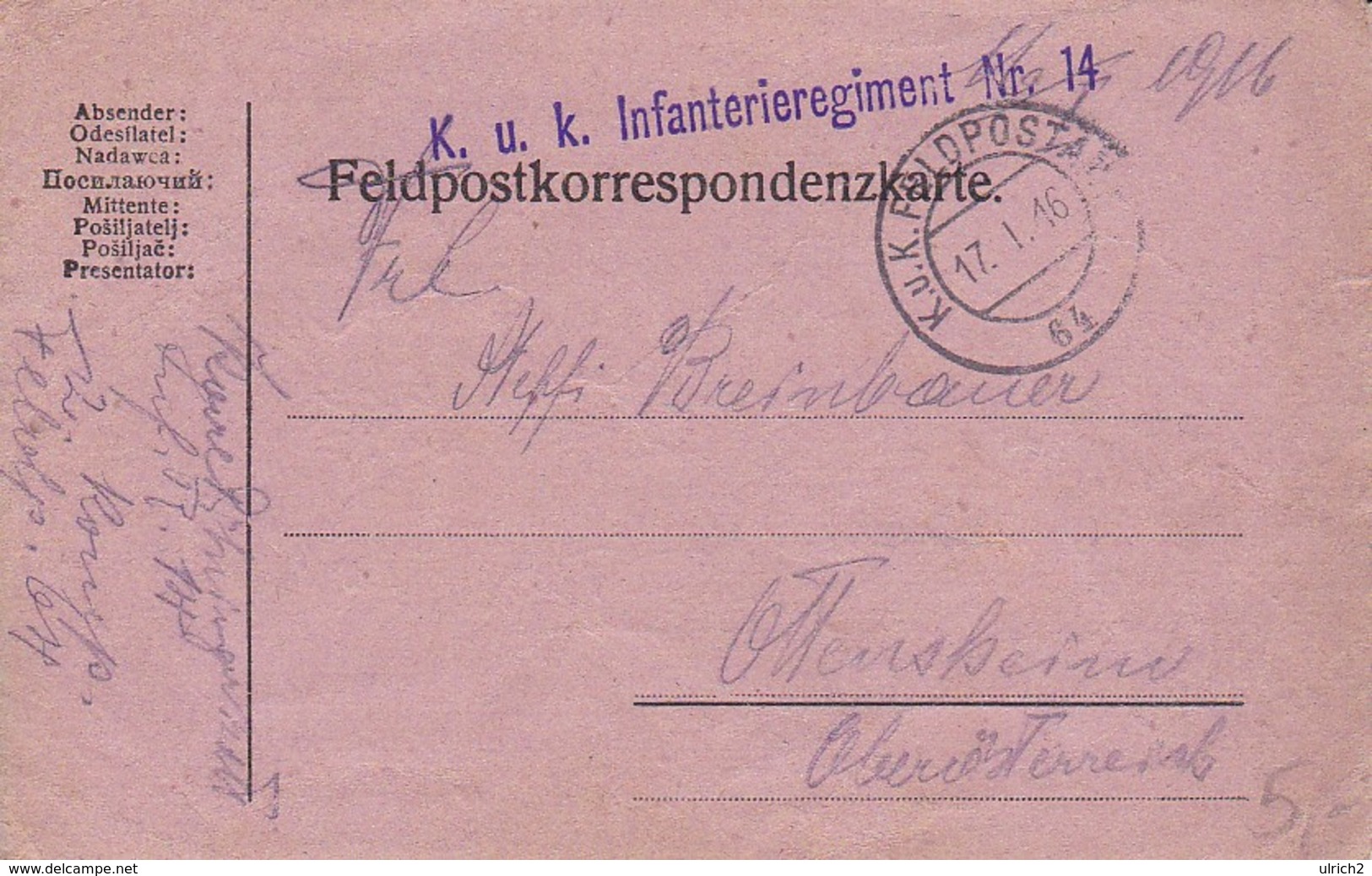 Feldpostkarte - K.u.k. Infanterieregiment Nr. 14 Nach Ottensheim - 1916 (35644) - Briefe U. Dokumente