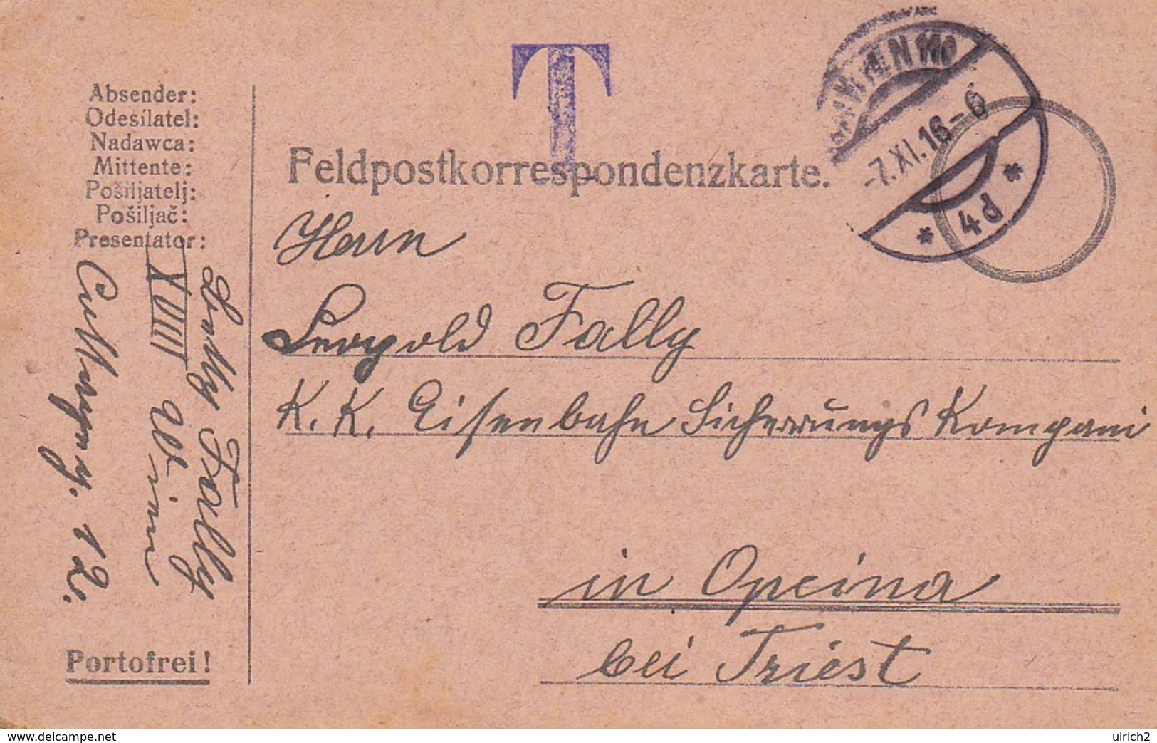 Feldpostkarte - Wien Nach Opcina  - 1916 (35645) - Briefe U. Dokumente