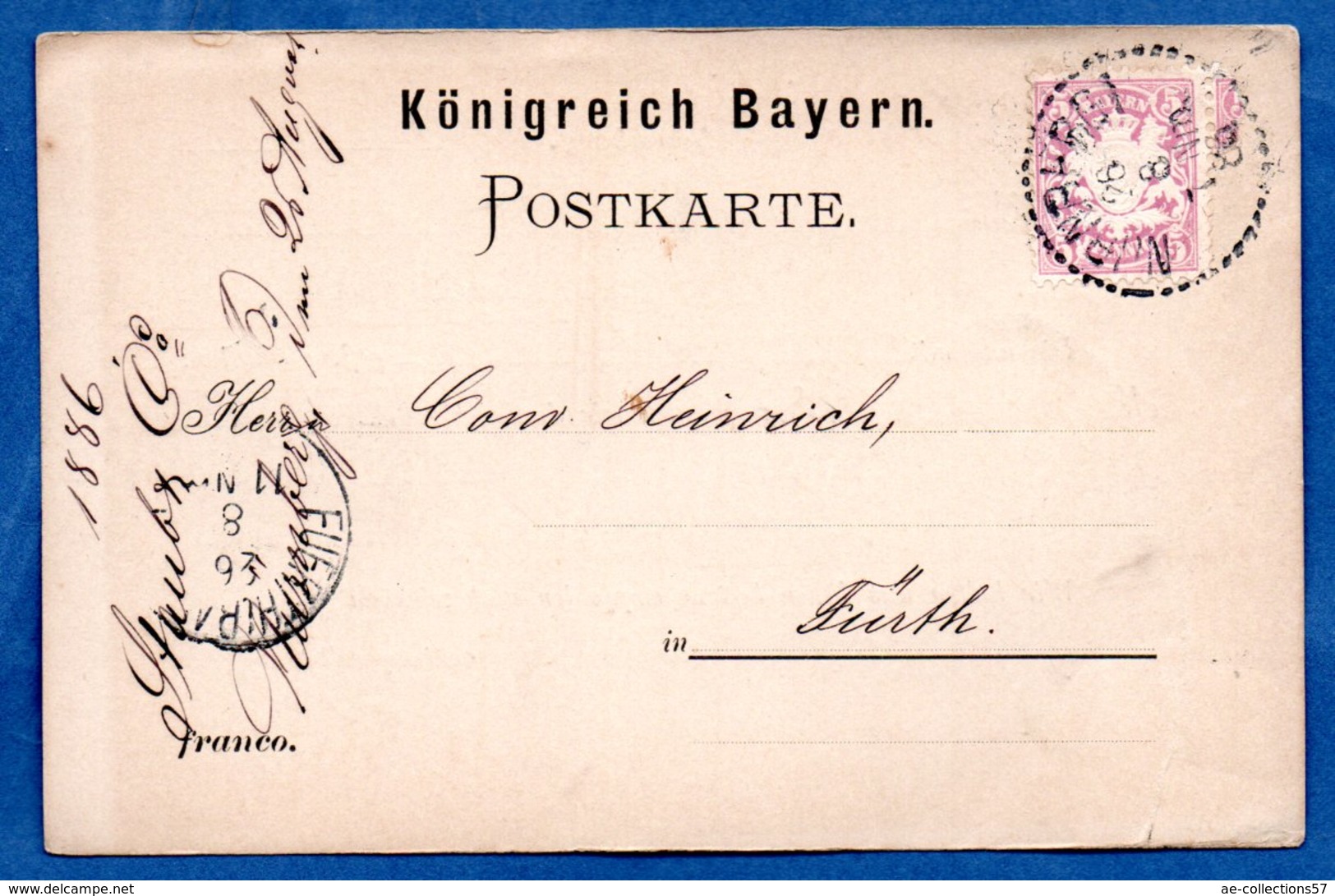 Wurtemberg -  Carte Postale  -  De Nürnberg  -  Pour Fürth  --26 Aout 1886 - Autres & Non Classés