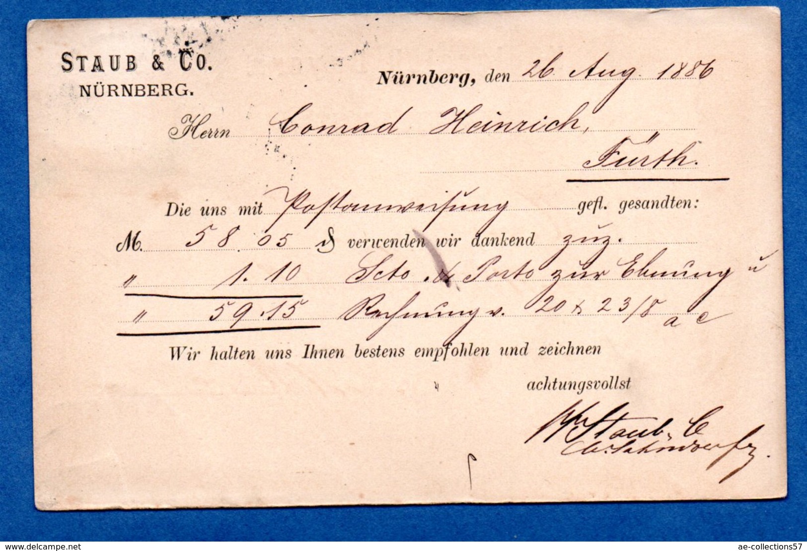 Wurtemberg -  Carte Postale  -  De Nürnberg  -  Pour Fürth  --26 Aout 1886 - Autres & Non Classés