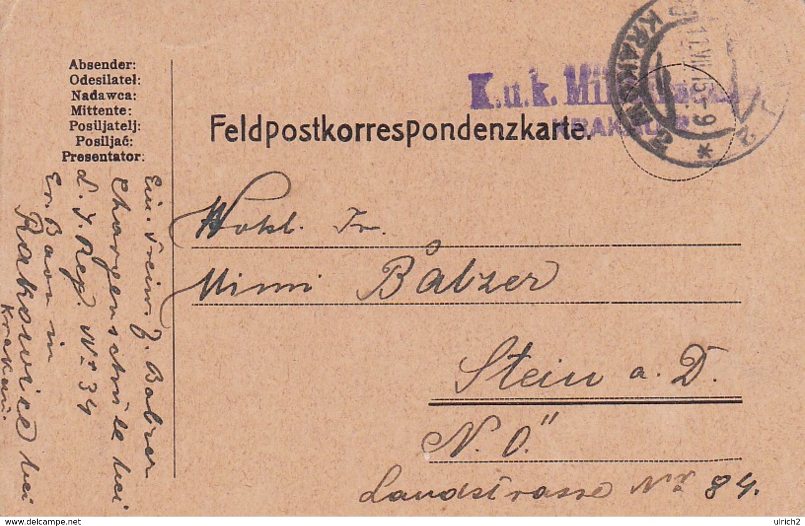 Feldpostkarte Rakowice Nach Stein A. D. Donau - Militärzensur Krakau - 1915 (35650) - Briefe U. Dokumente