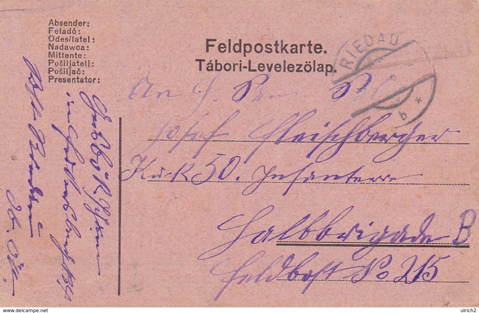 Feldpostkarte Riedau Nach Feldpost No. 215 - 1916 (35653) - Briefe U. Dokumente