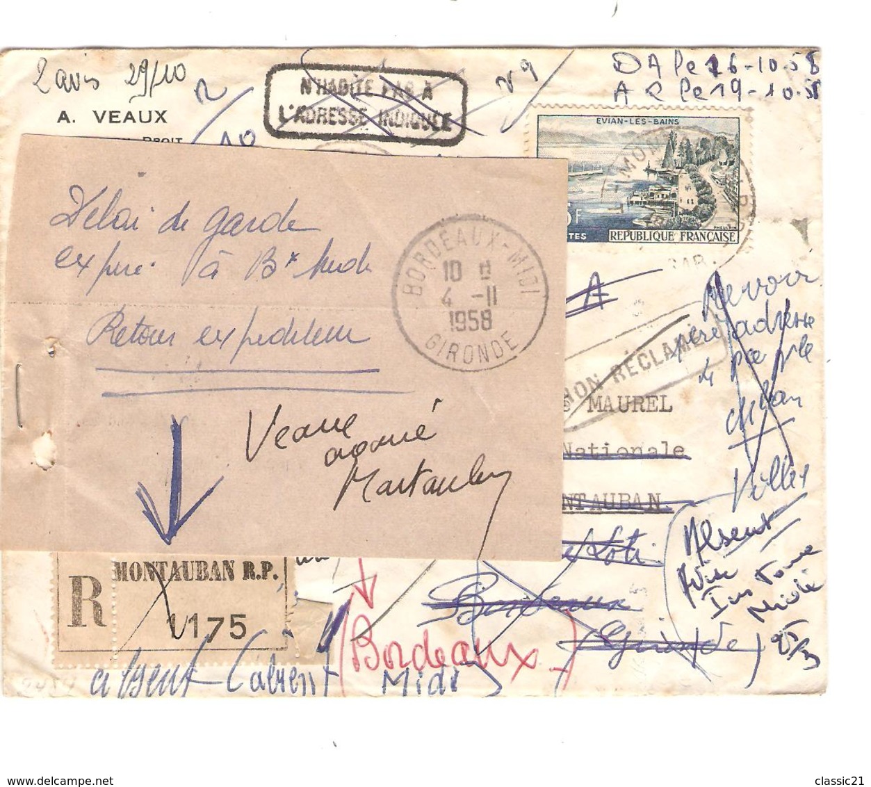 France 1131 S/L.recom.c.Montauban 1958 V.E/V Recherche Du Destinataire + Papillon Délai Expiré Retour Spectaculaire 2073 - 1921-1960: Modern Period