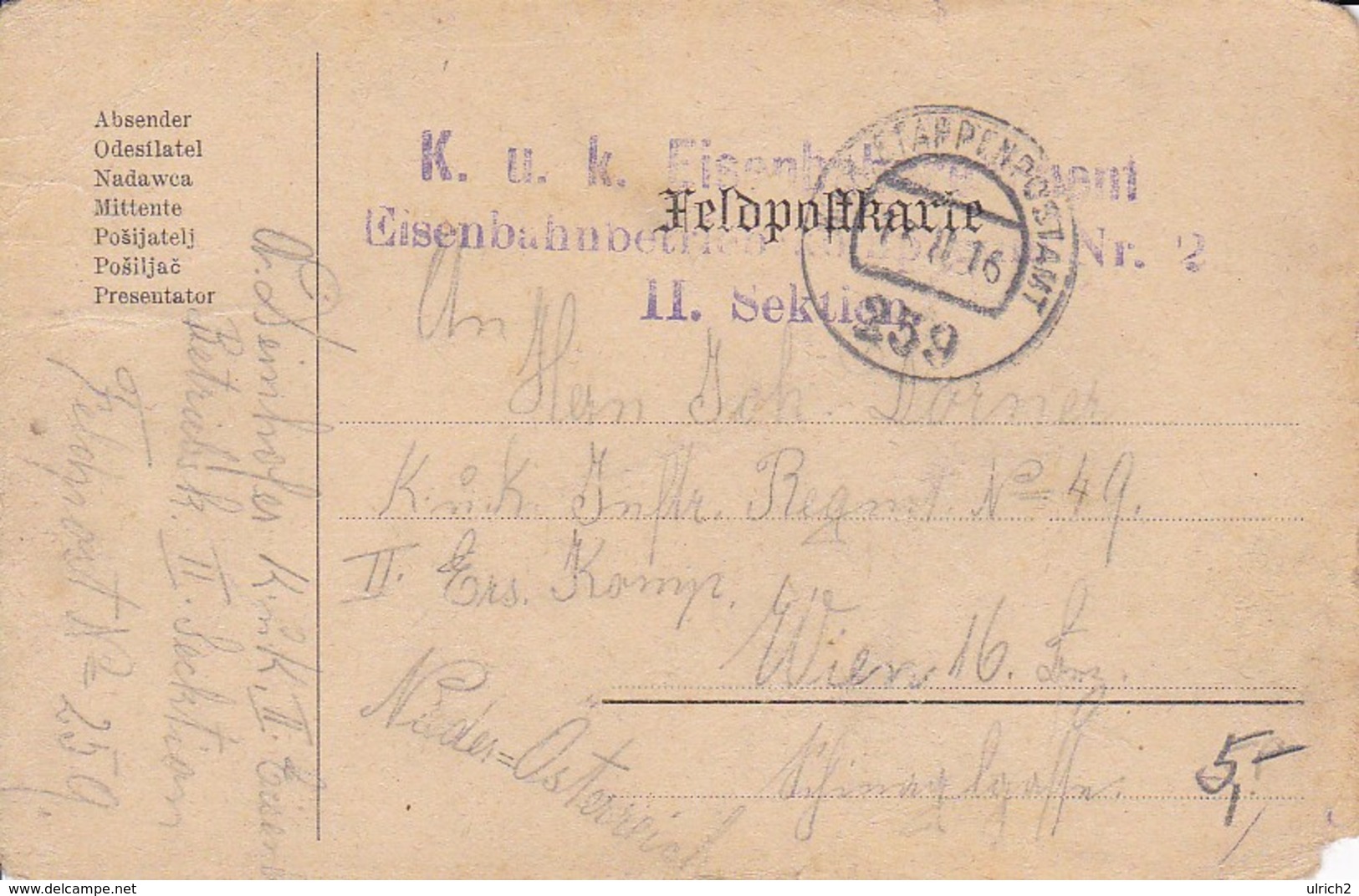 Feldpostkarte K.u.k. Eisenbahnregiment Eisenbahnbetriebskompagnie Nr. 2 Nach Wien - 1916 (35658) - Briefe U. Dokumente