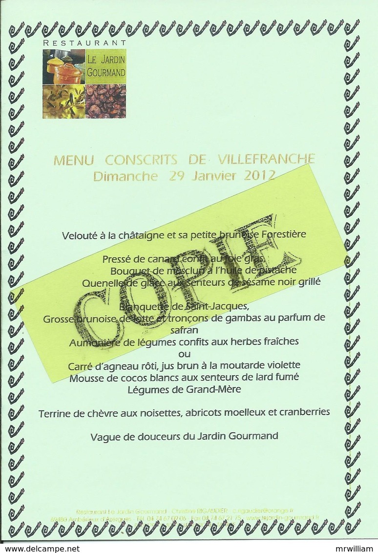 Menu CONSCRITS De VILLEFRANCHE (69), 29 Janvier 2012. - Menus