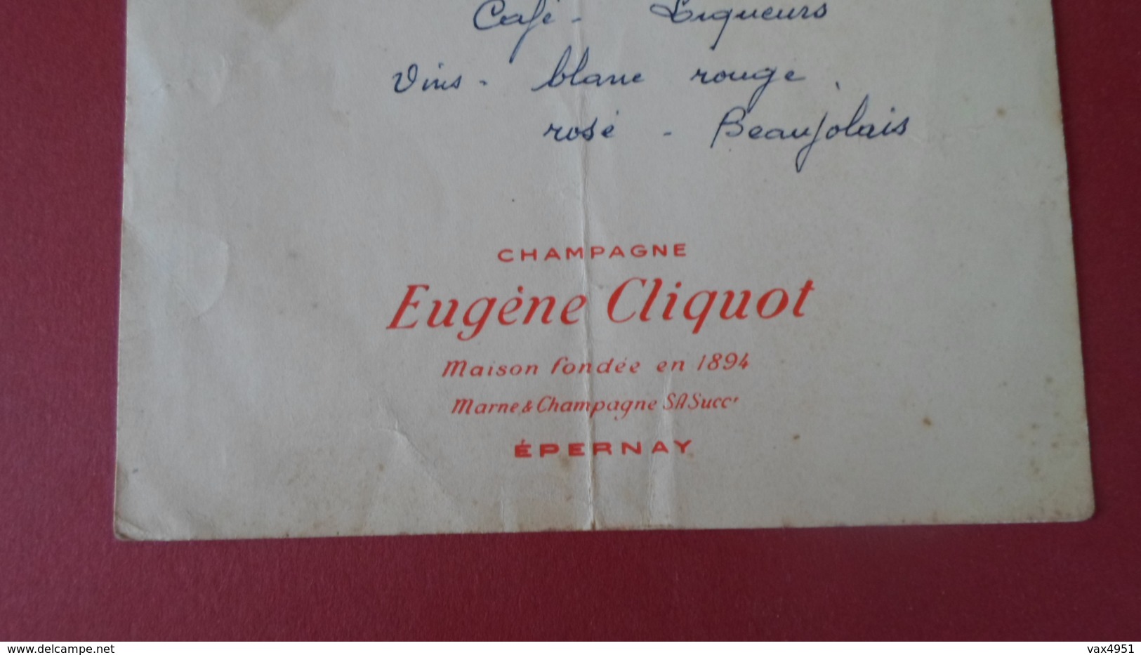 MENU CHAMPAGNE  EUGENE CLIQUOT EPERNAY  18 MAI 1958   **    RARE   A SAISIR *** - Menus