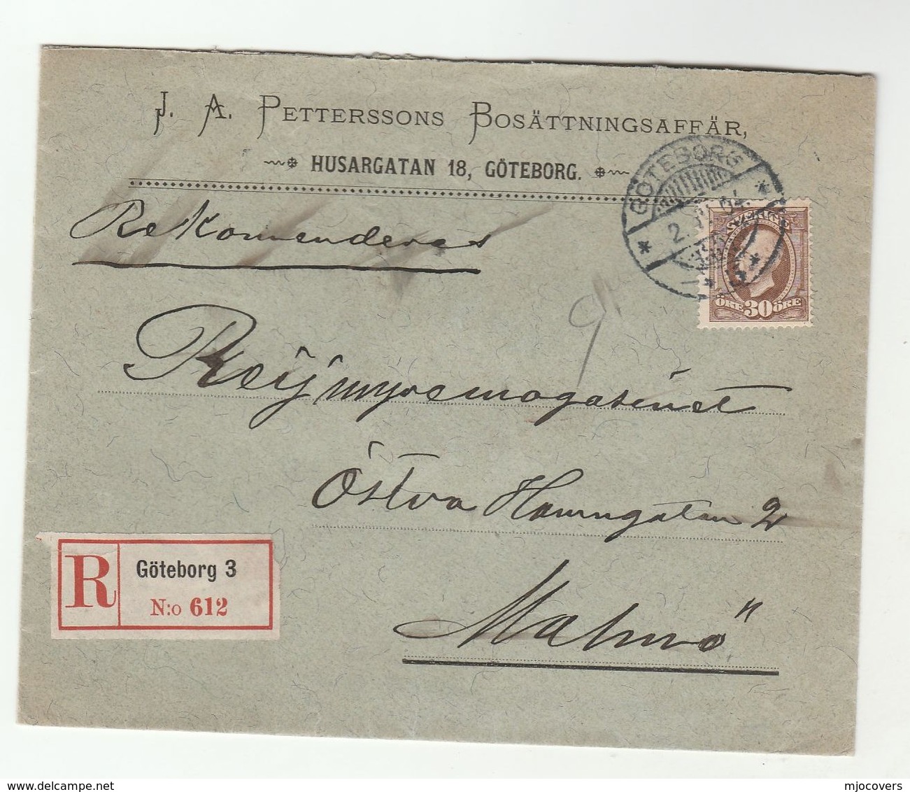 1904 Registered SWEDEN Cover WAX SEAL  Petterssons Bosattningsaffar Goteborg To Malmo  30o Stamps - Covers & Documents