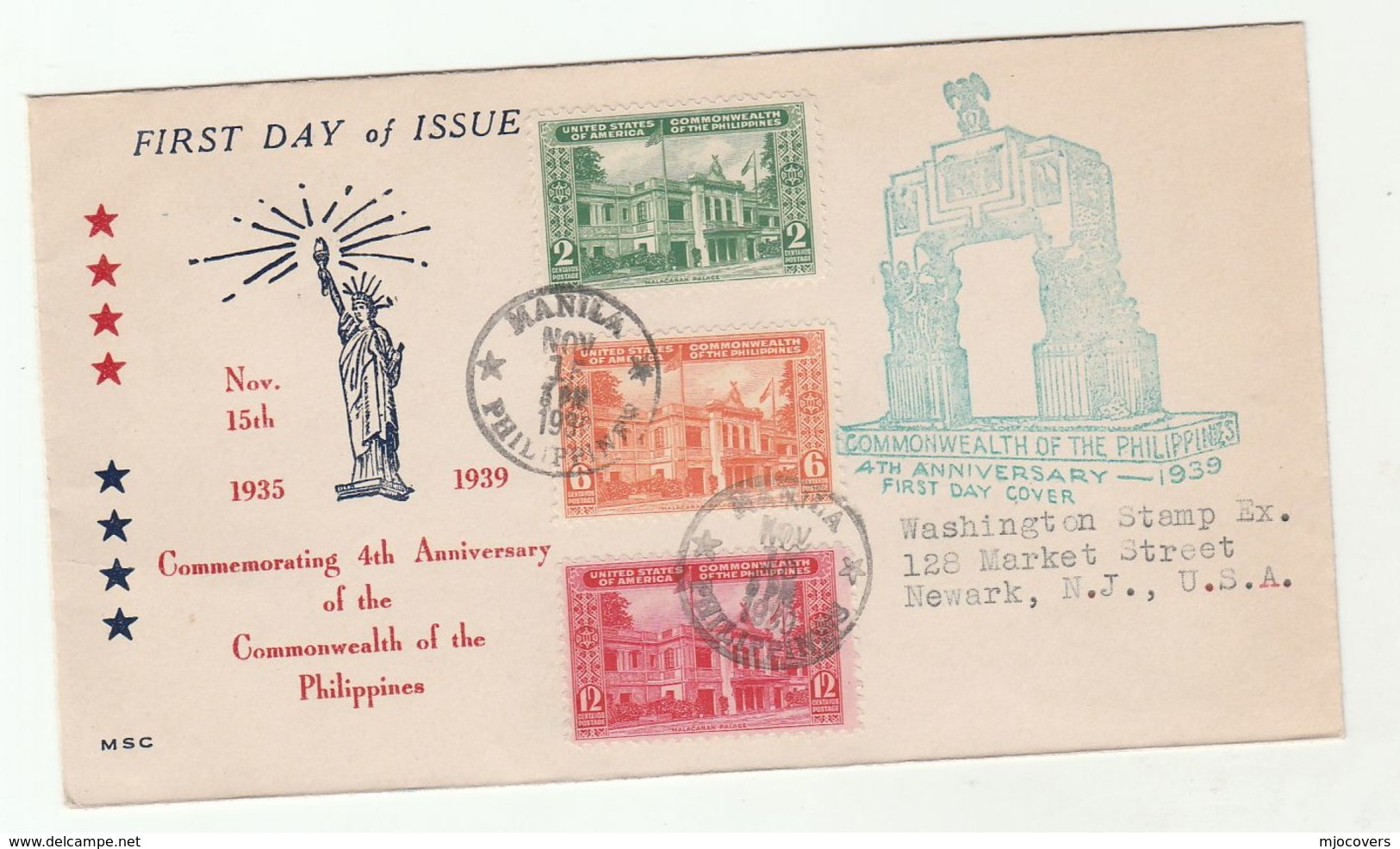 1939 PHILIPPINES FDC Multi PALACE Stamps COVER Illus STATUE OF LIBERTY - Philippines