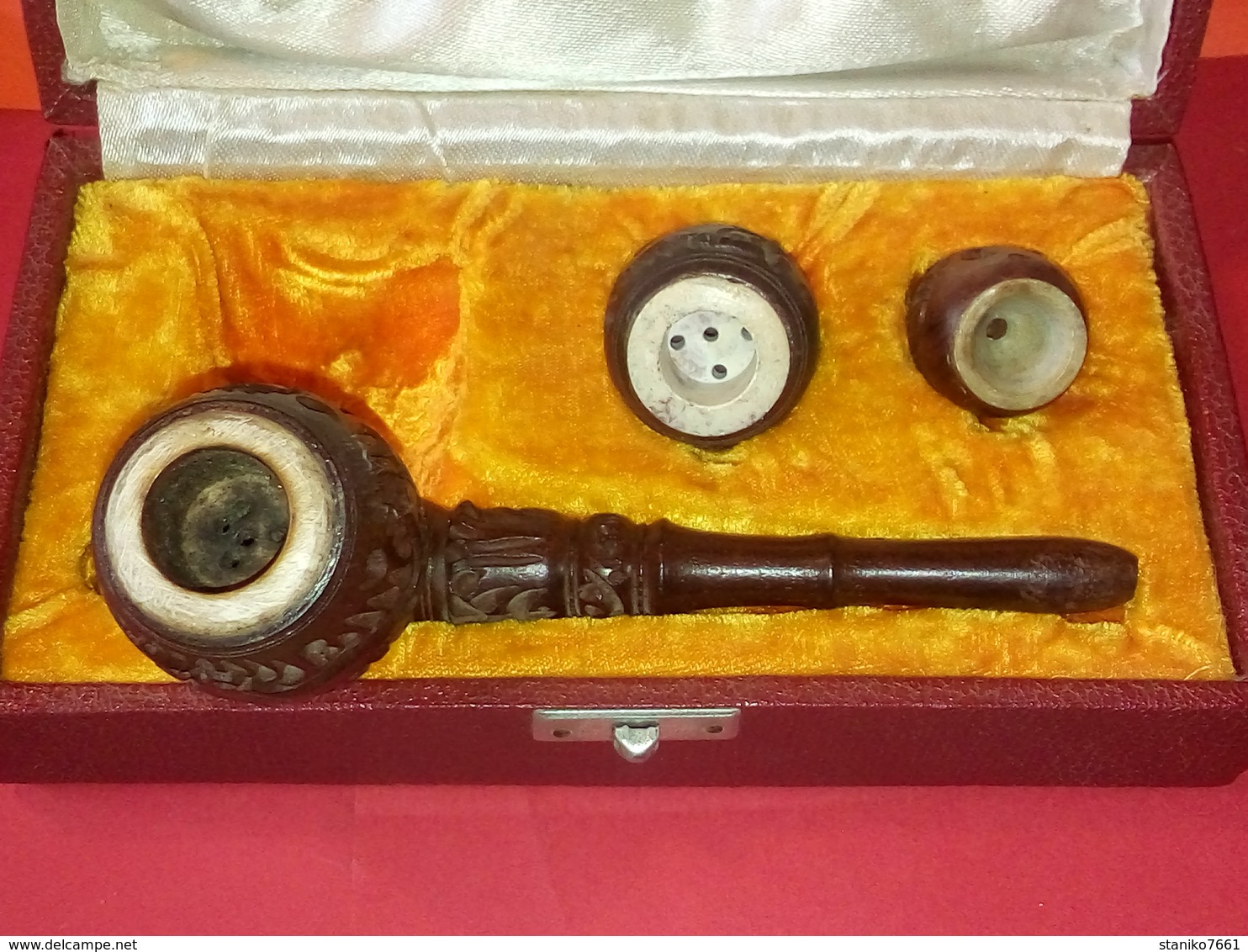 SPLENDIDE ANCIEN COFFRET D'origine Avec 3 PIPES ASIATIQUES EN BOIS EXOTIQUES ET MARBRE - Autres & Non Classés