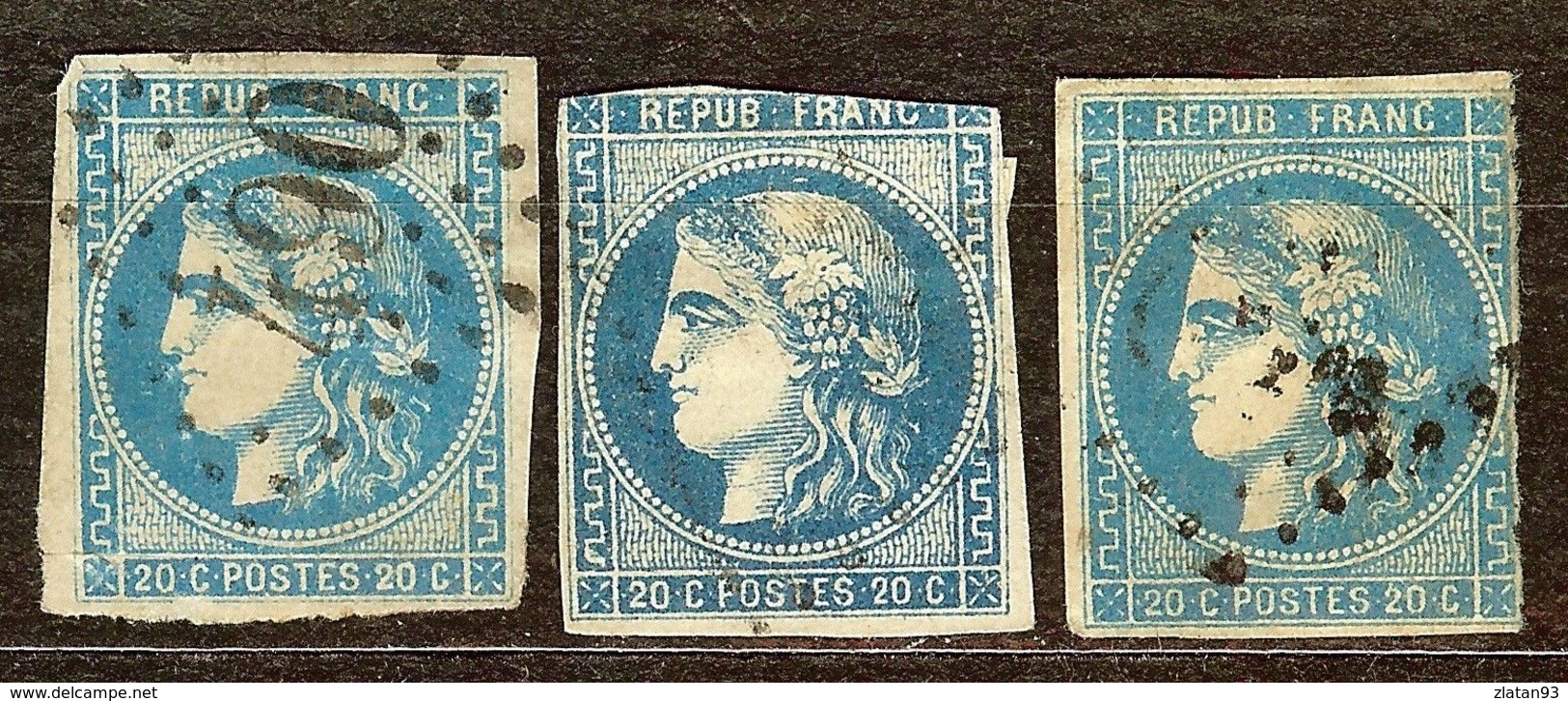 BON LOT 3 BORDEAUX N°46 B 20c Bleu Oblitéré Losange GC Cote 150 Euro Minimum - 1870 Emission De Bordeaux