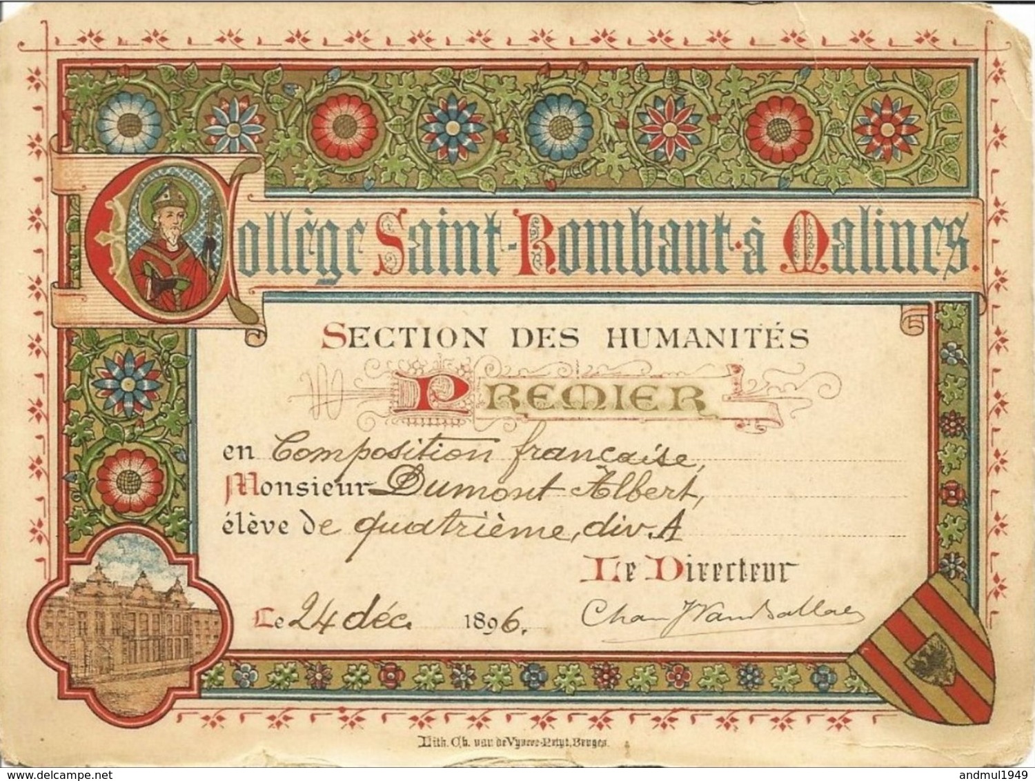 MALINES-MECHELEN - Collège St-Rombaut - Carte D'Honneur De 1896 - Mechelen