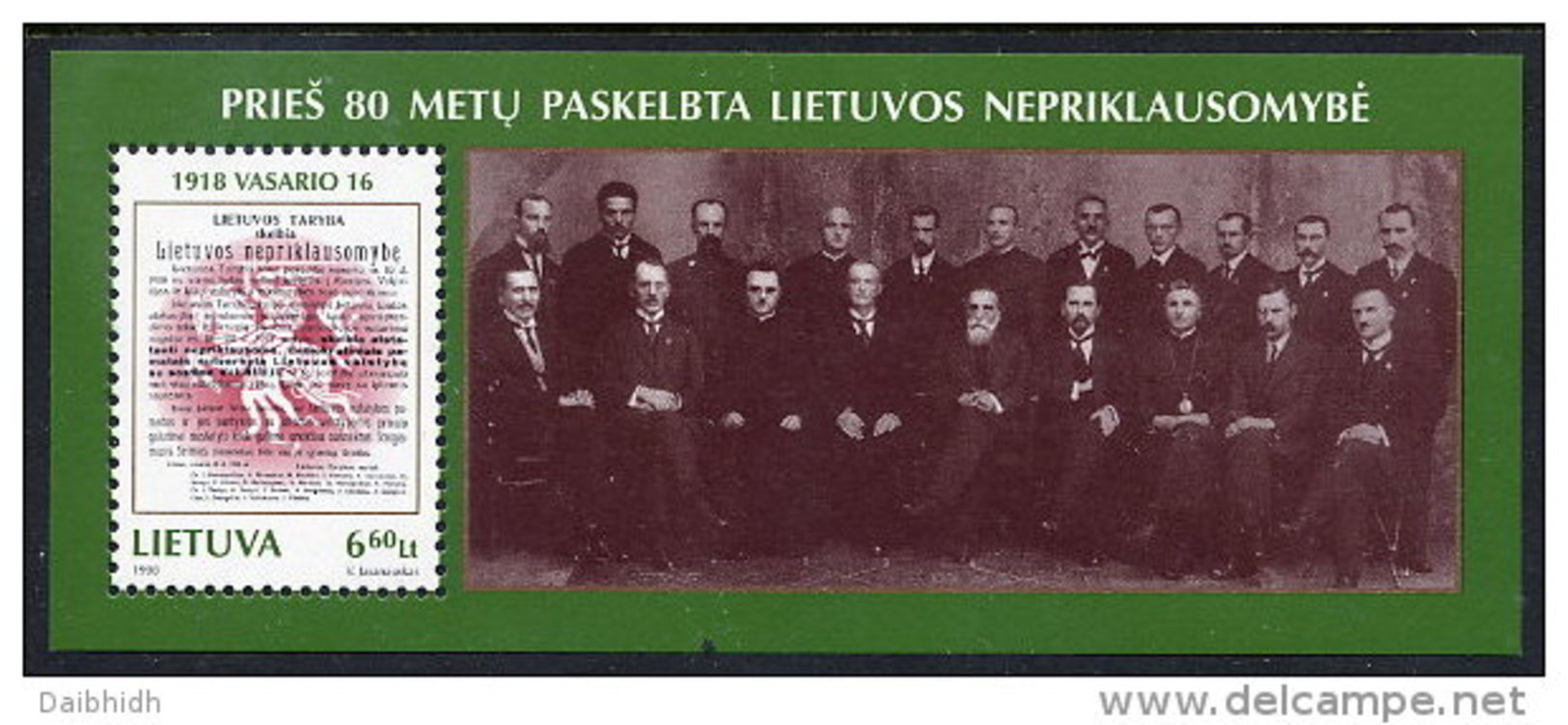 LITHUANIA  1998 Independence Declaration Of 1918 Block MNH / **  Michel Block 12 - Lithuania