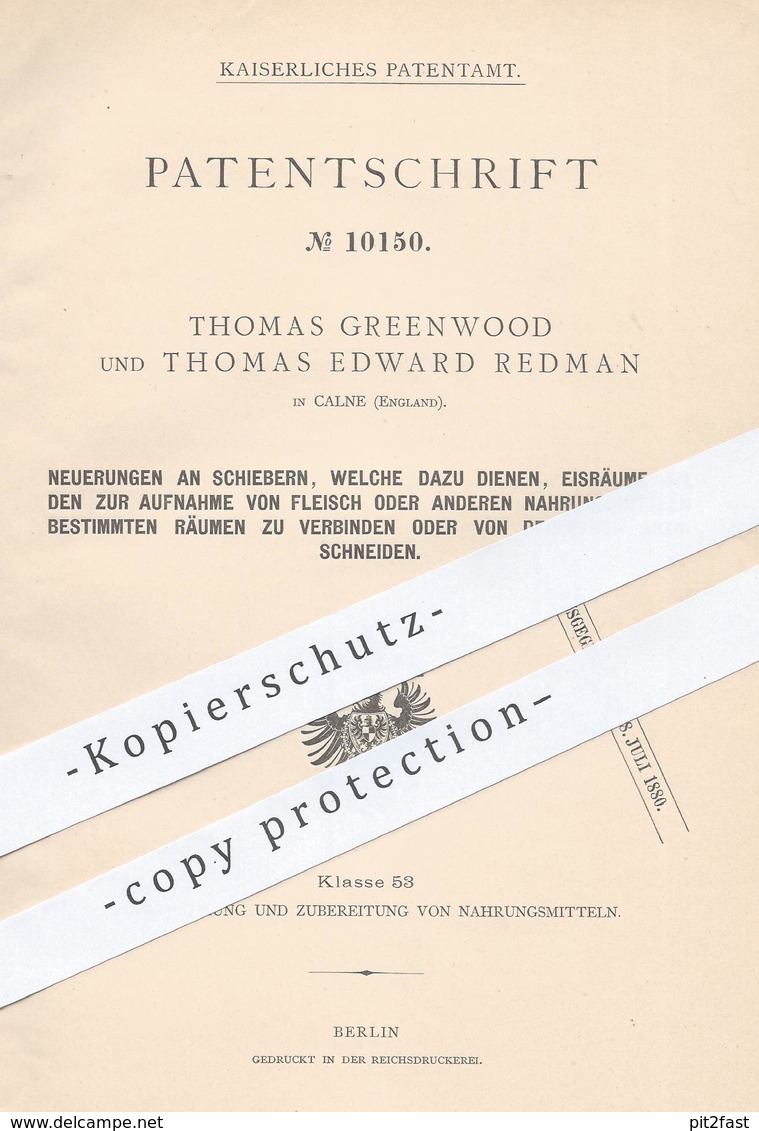 Original Patent - Thomas Greenwood , Thomas Edward Redman , Calne , England , 1879 , Kühlraum - Schieber | Tür - Riegel - Documenti Storici