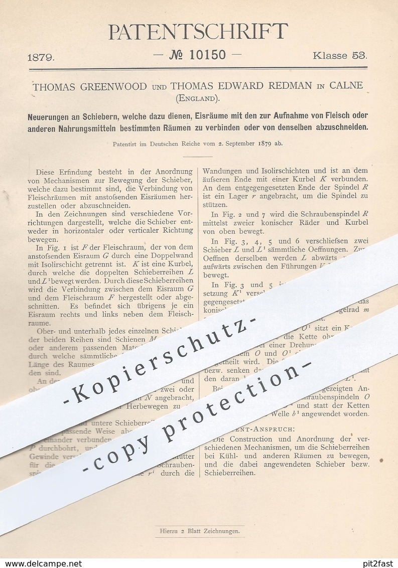 Original Patent - Thomas Greenwood , Thomas Edward Redman , Calne , England , 1879 , Kühlraum - Schieber | Tür - Riegel - Documenti Storici