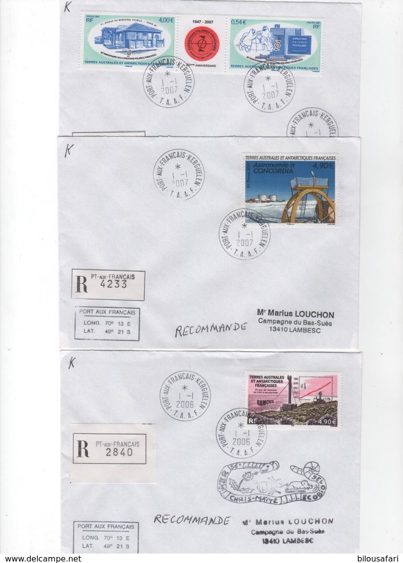 T-A-A-F- LOT DE 3 PLIS  RECOMMANDES  ANNEE 2006//2007 KERGUELEN N° 444--458-459 - Lettres & Documents