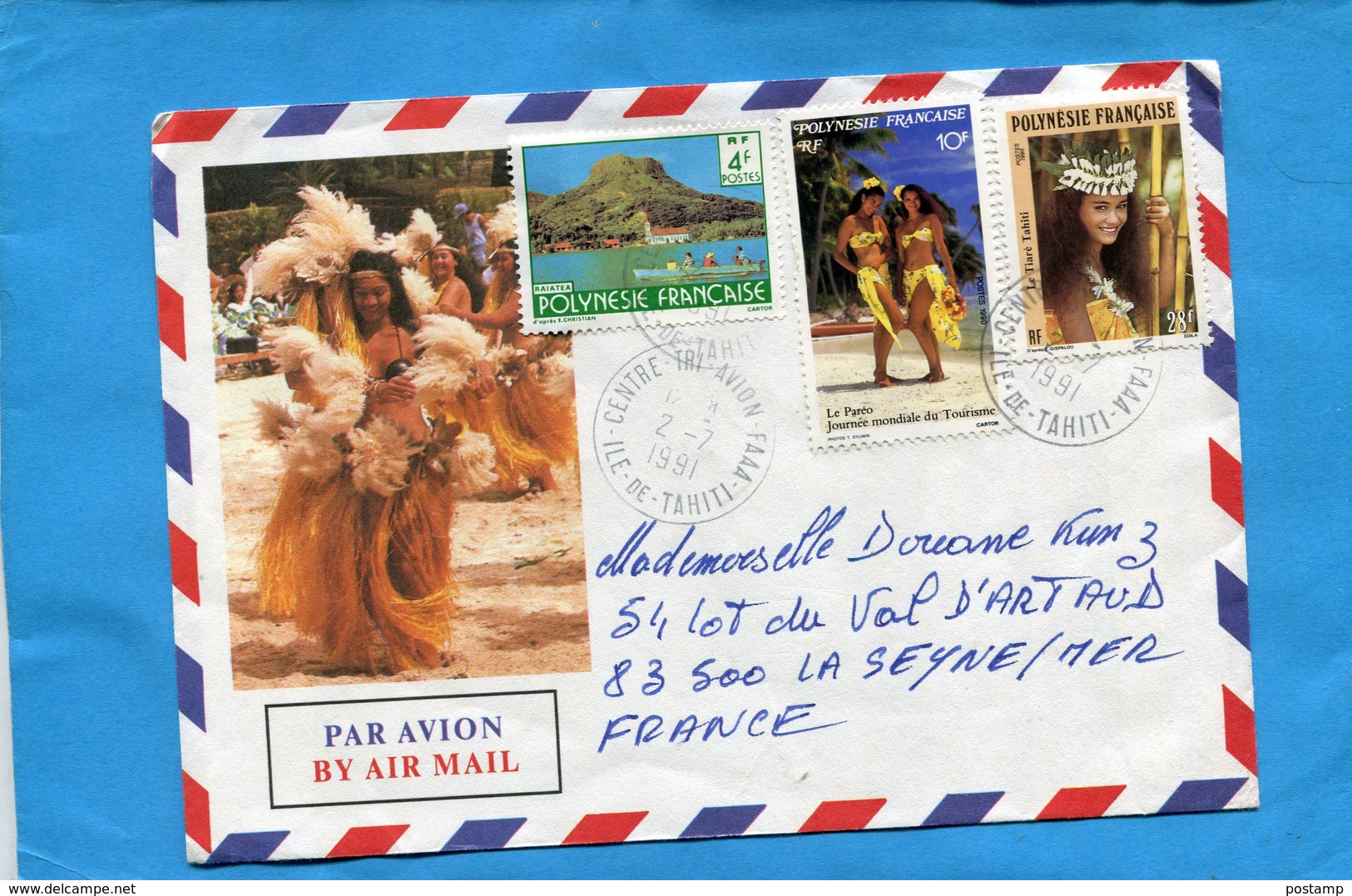 MARCOPHILIE-lettre -POLYNESIE->Françe Cad-centre Tri Avion 1991- Bel Afft 3 Stamps - Lettres & Documents