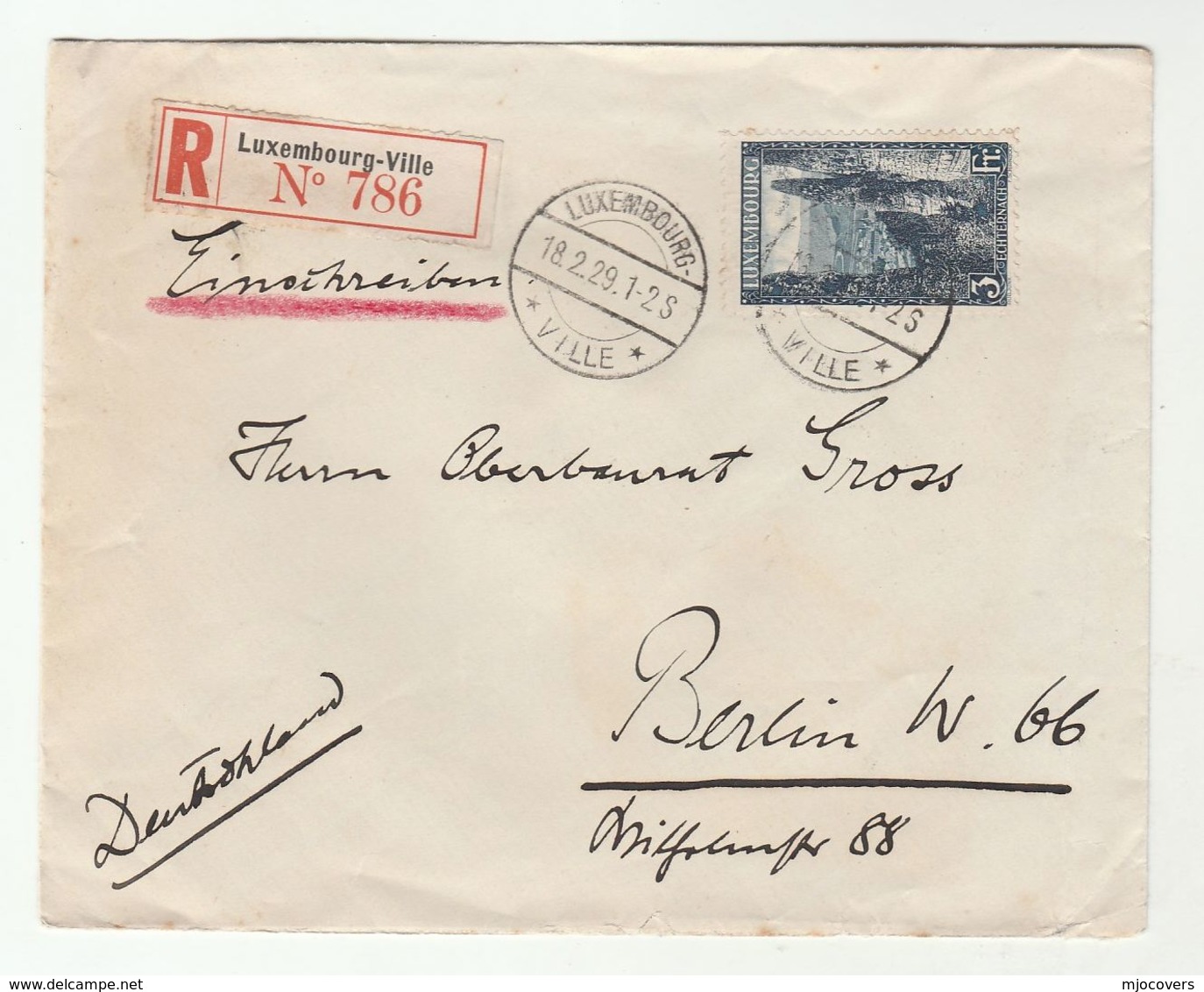 1929 Registered LUXEMBOURG COVER To BERLIN  3f ECHTERNACH Stamp WAX SEAL To Germany - Covers & Documents