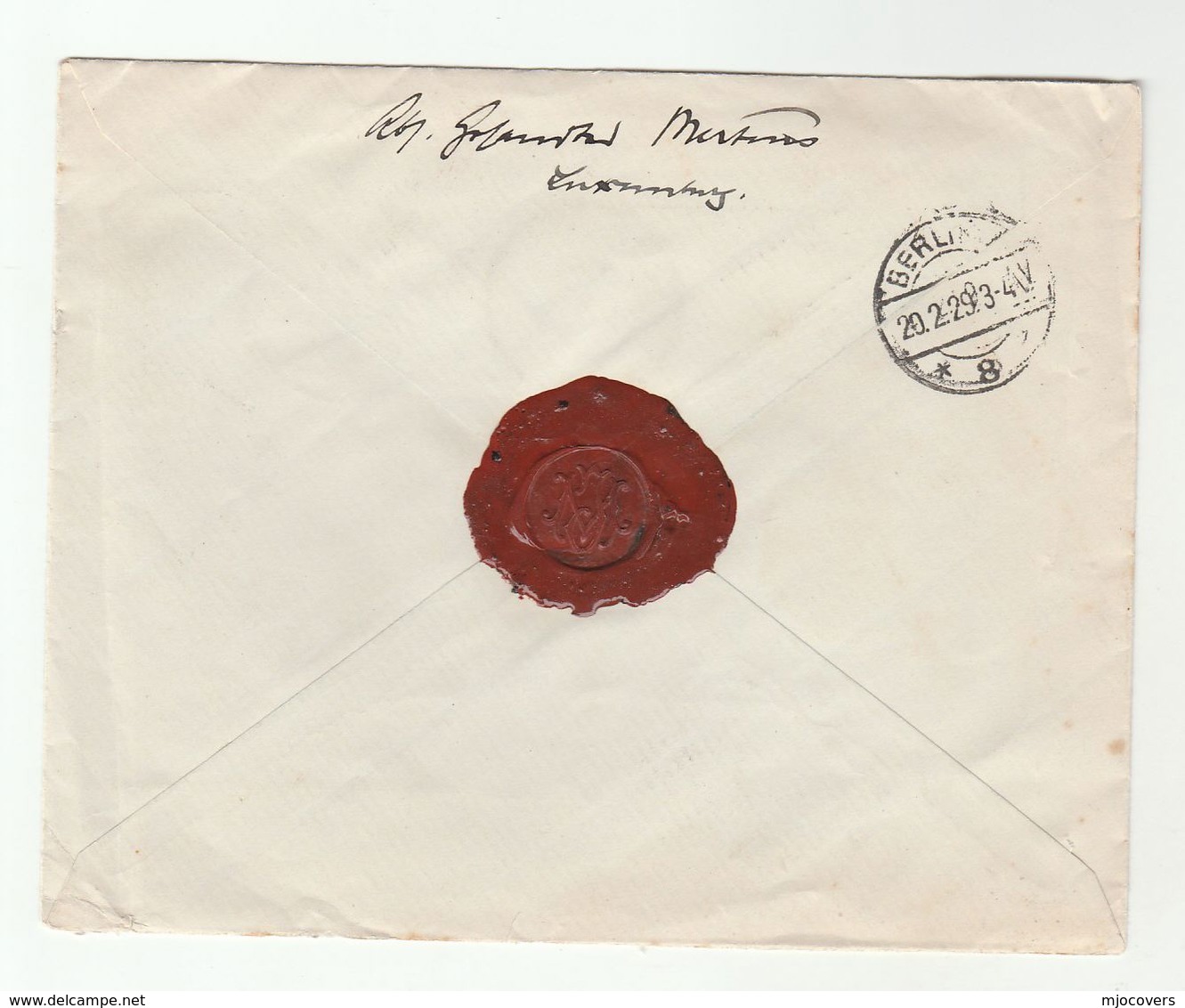 1929 Registered LUXEMBOURG COVER To BERLIN  3f ECHTERNACH Stamp WAX SEAL To Germany - Covers & Documents