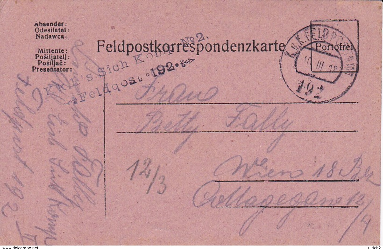 Feldpostkarte K.k. Eis. Sich. Komp. No. 2 - FP 192 - Nach Wien - 1918 (35666) - Briefe U. Dokumente