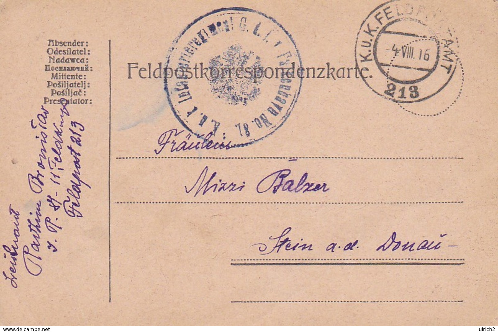 Feldpostkarte K.u.k. Infanterie Regiment No. 81 Von Falkenhayn Nach Stein A.d. Donau - 1916 (35668) - Briefe U. Dokumente