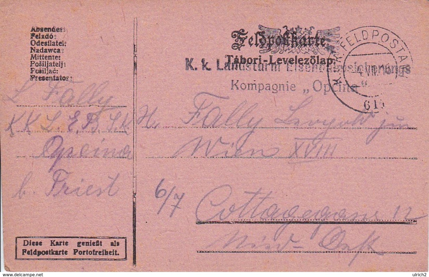 Feldpostkarte K.k. Landsturm Eisenbahnsicherungs Komp. Opcina - 1916  (35671) - Briefe U. Dokumente