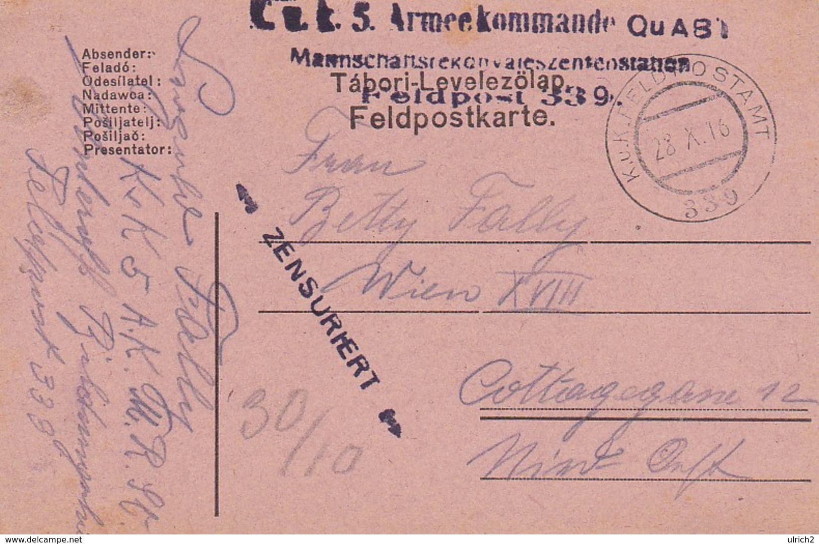 Feldpostkarte K.u.k. 5. Armeekommando QuAB Mannschaftsrekonvaleszenzstation FP 339 - 1916 (35676) - Briefe U. Dokumente