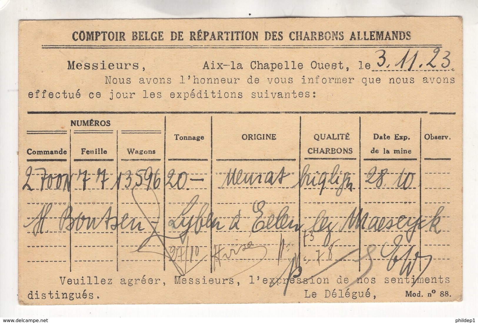 Belgique . Comptoir Belge De Répartition Des Charbons Allemands. TP OC43 - OC38/54 Occupation Belge En Allemagne