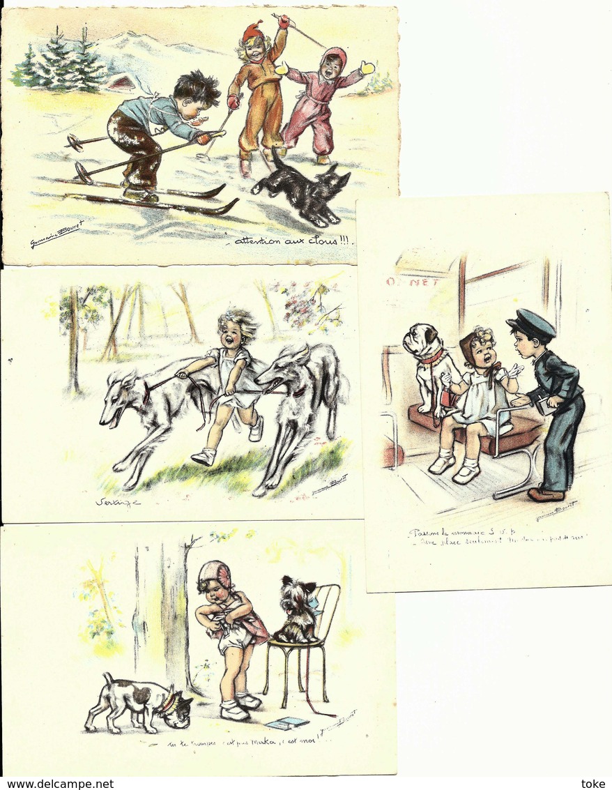 4 CPA Germaine BOURET Illustrateur , Enfants Et Chiens - Bouret, Germaine