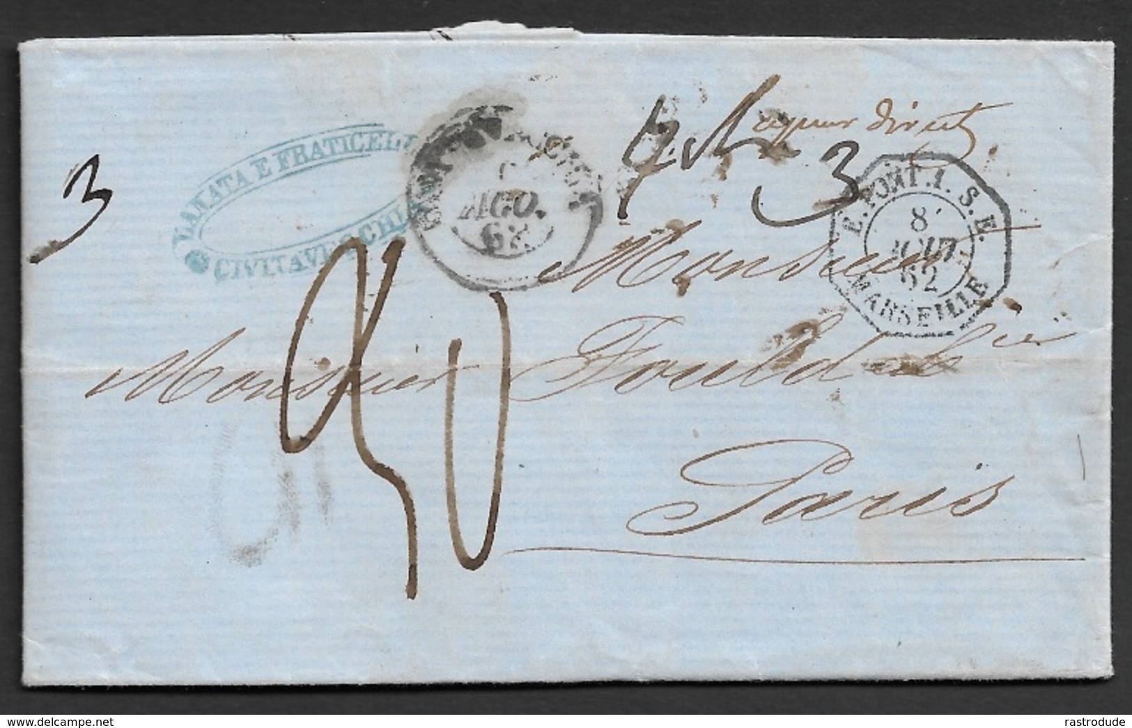 1862 LAC Roma, Stato Pontificio A Paris  - Poste Maritime - Etats Pontificaux