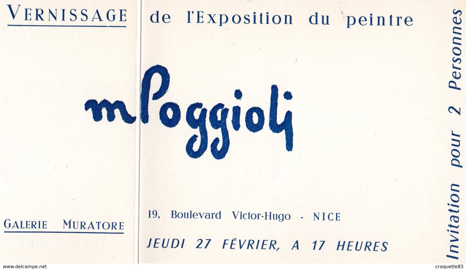 INVITATION - VERNISSAGE DE L'EXPOSITION DU PEINTRE MPOGGIIOLI-GALERIE MURATORE  NICE  27 FEVRIER 1958 - Autres & Non Classés