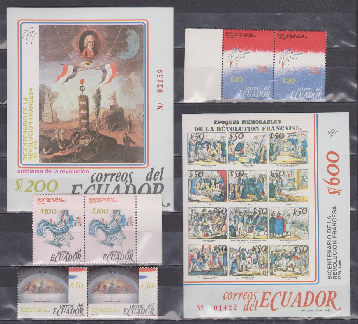 ECUADOR 1989 FRENCH REVOLUTION BICENTENARY 2 SOUVENIR SHEETS + 3 STAMPS PAIRS SC# 1211-1215 - Ecuador