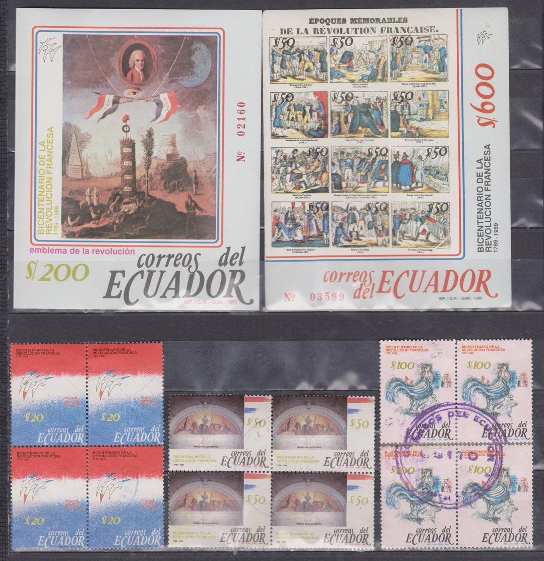 ECUADOR 1989 FRENCH REVOLUTION BICENTENARY 2 MINT SOUVENIR SHEETS + 3 CANCELLED STAMPS IN BLOCKS 4 SC# 1211-1215 - Rivoluzione Francese