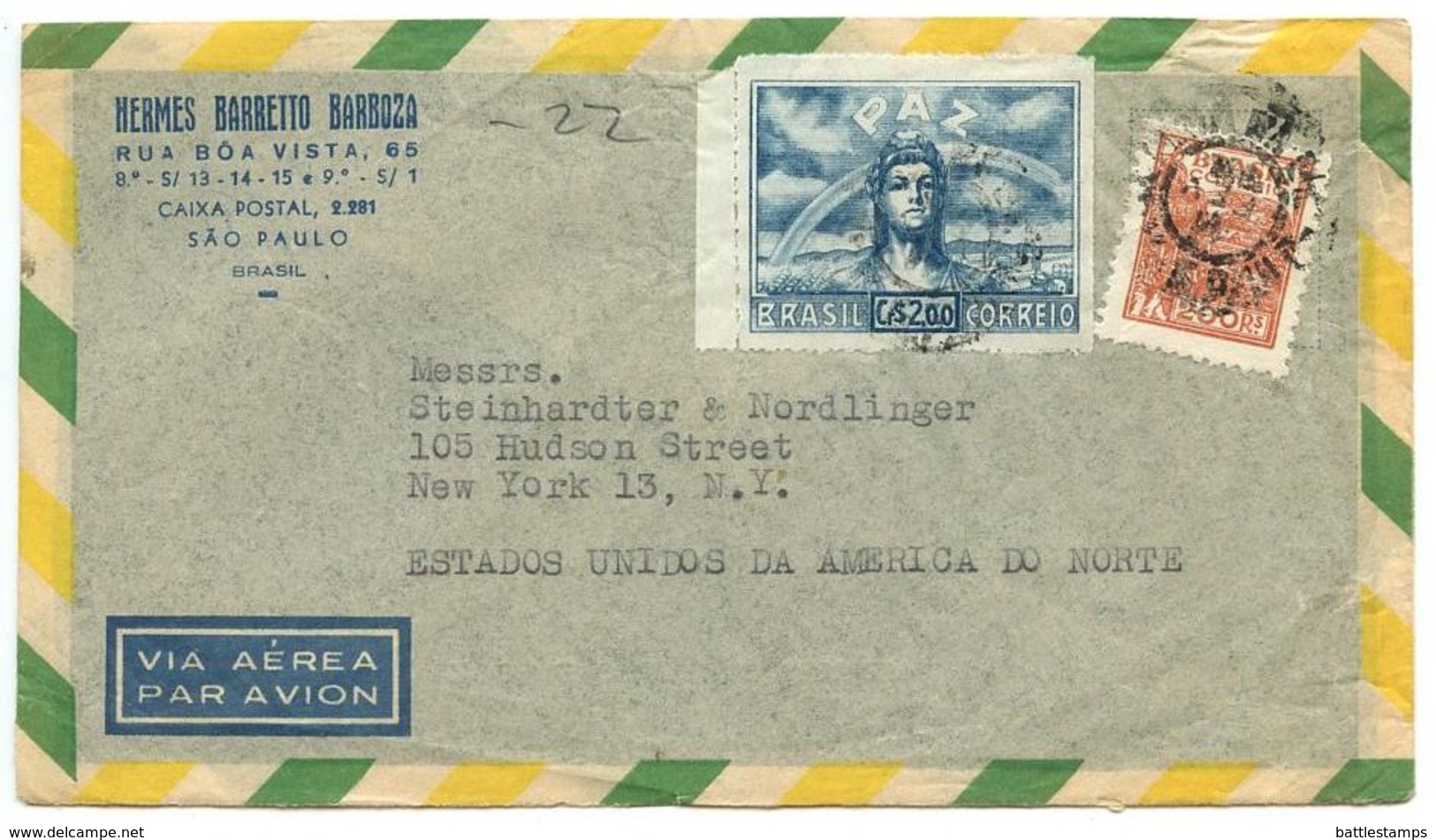 Brazil 1940‘s Airmail Cover São Paulo To U.S. W/ Scott 631 Peace - Covers & Documents