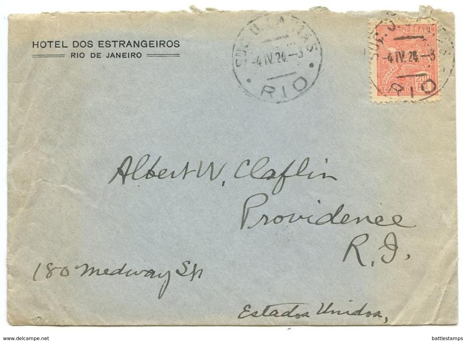 Brazil 1924 Cover Rio De Janeiro, Hotel Dos Estrangeiros To Providence RI - Covers & Documents