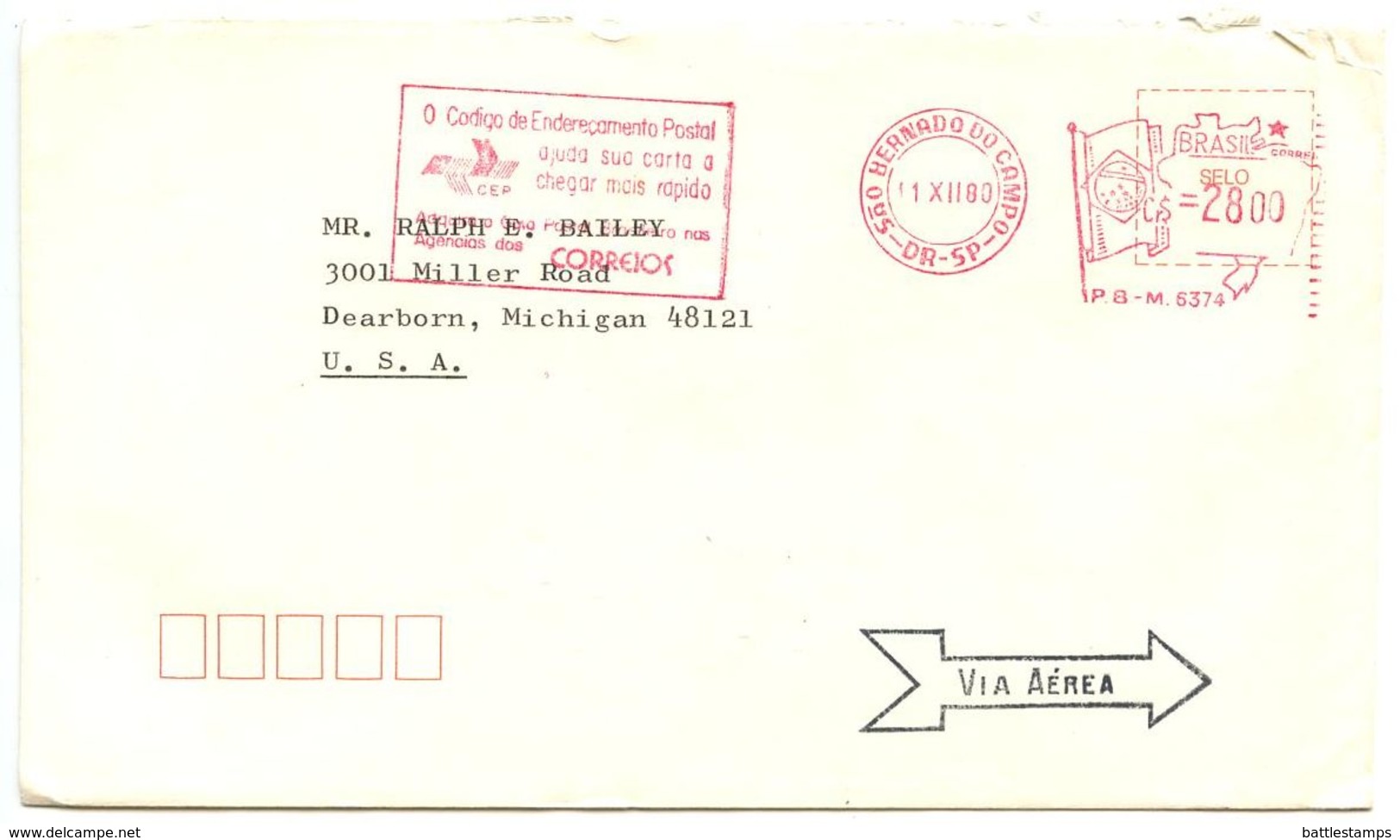 Brazil 1980 Airmail / Meter Cover São Bernardo Do Campo To Dearborn, Michigan - Brieven En Documenten