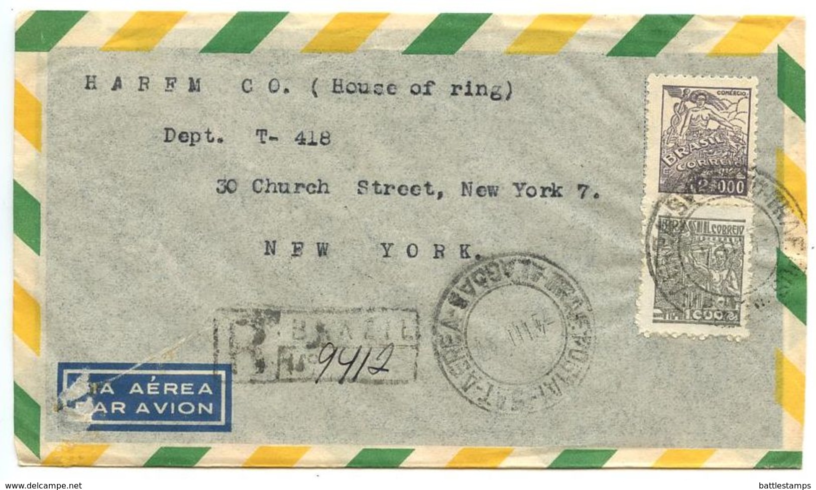 Brazil 1947 Registered Airmail Cover To New York, NY - Harem Co. - Covers & Documents