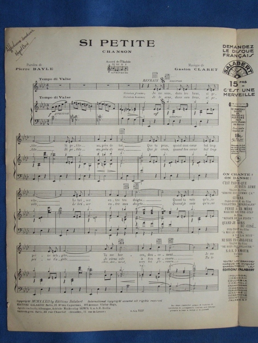 CAF CONC PIANO GF PARTITION CHANT SI PETITE LUCIENNE BOYER PIERRE BAYLE GASTON CLARET 1932 SOBOL - Altri & Non Classificati