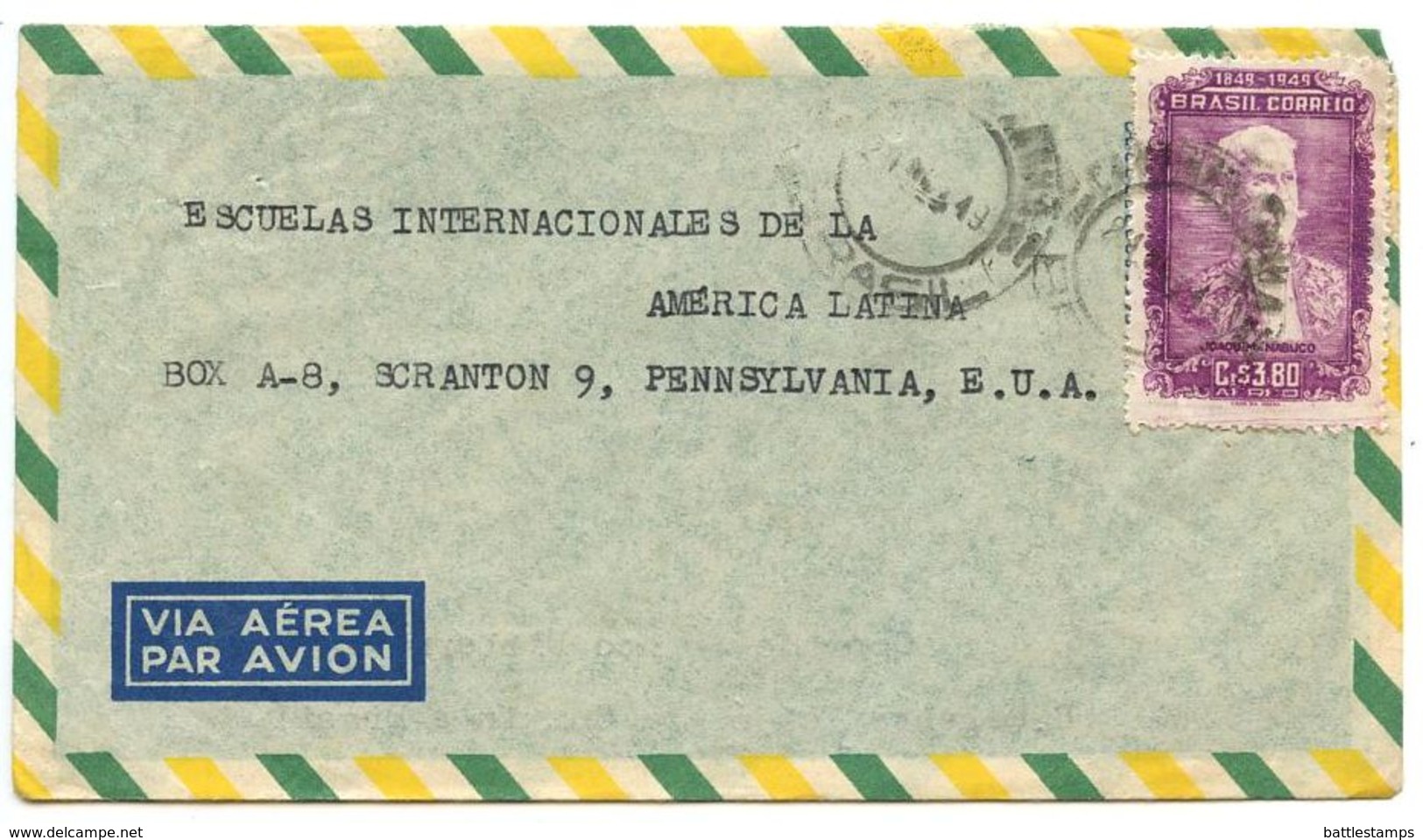 Brazil 1949 Airmail Cover Campinas To Scranton PA W/ Scott C77 Joaquim Nabuco - Covers & Documents