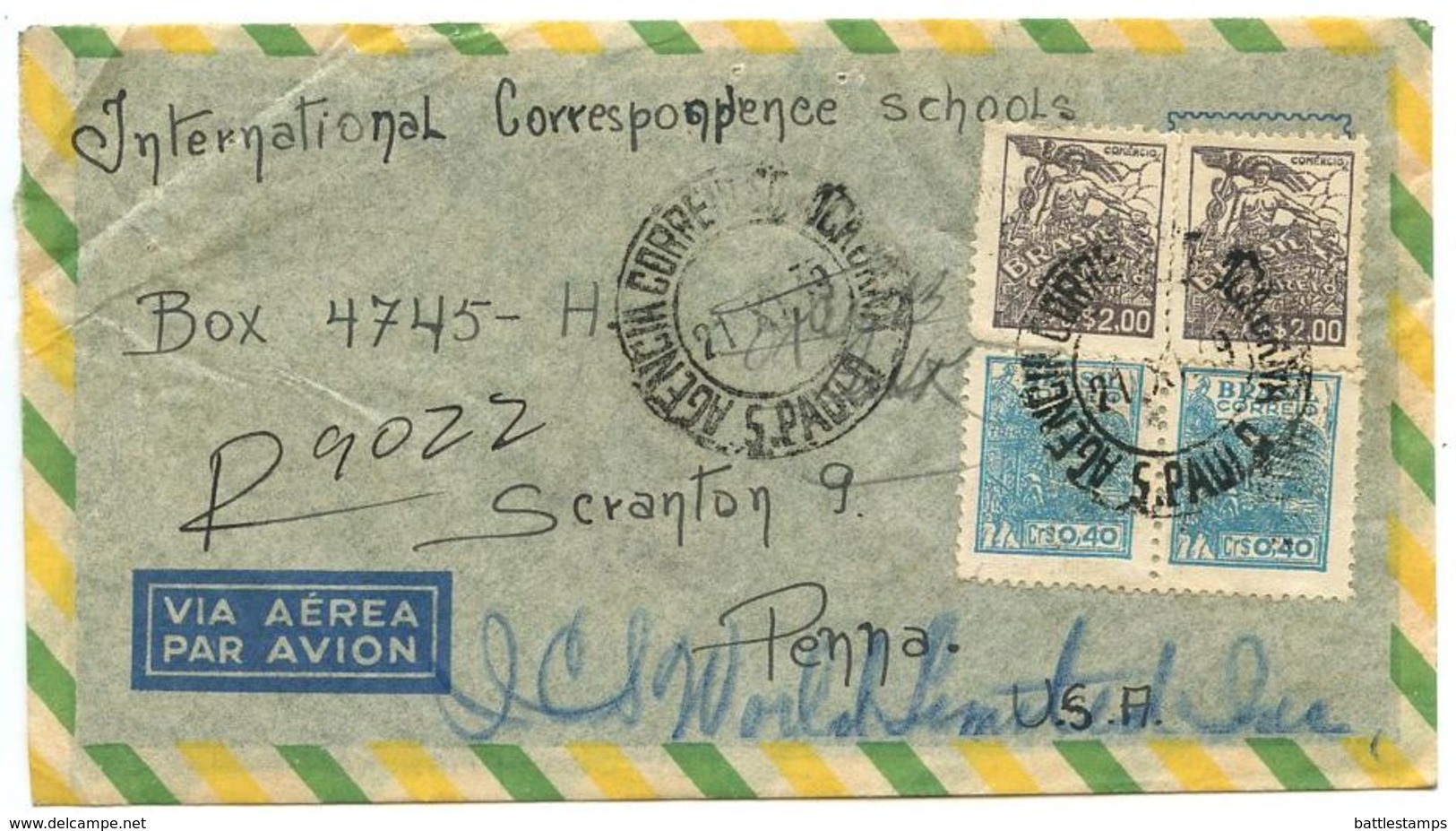 Brazil 1949 Registered Airmail Cover São Paulo To Scranton PA W/ Scott 661 & 666 - Covers & Documents