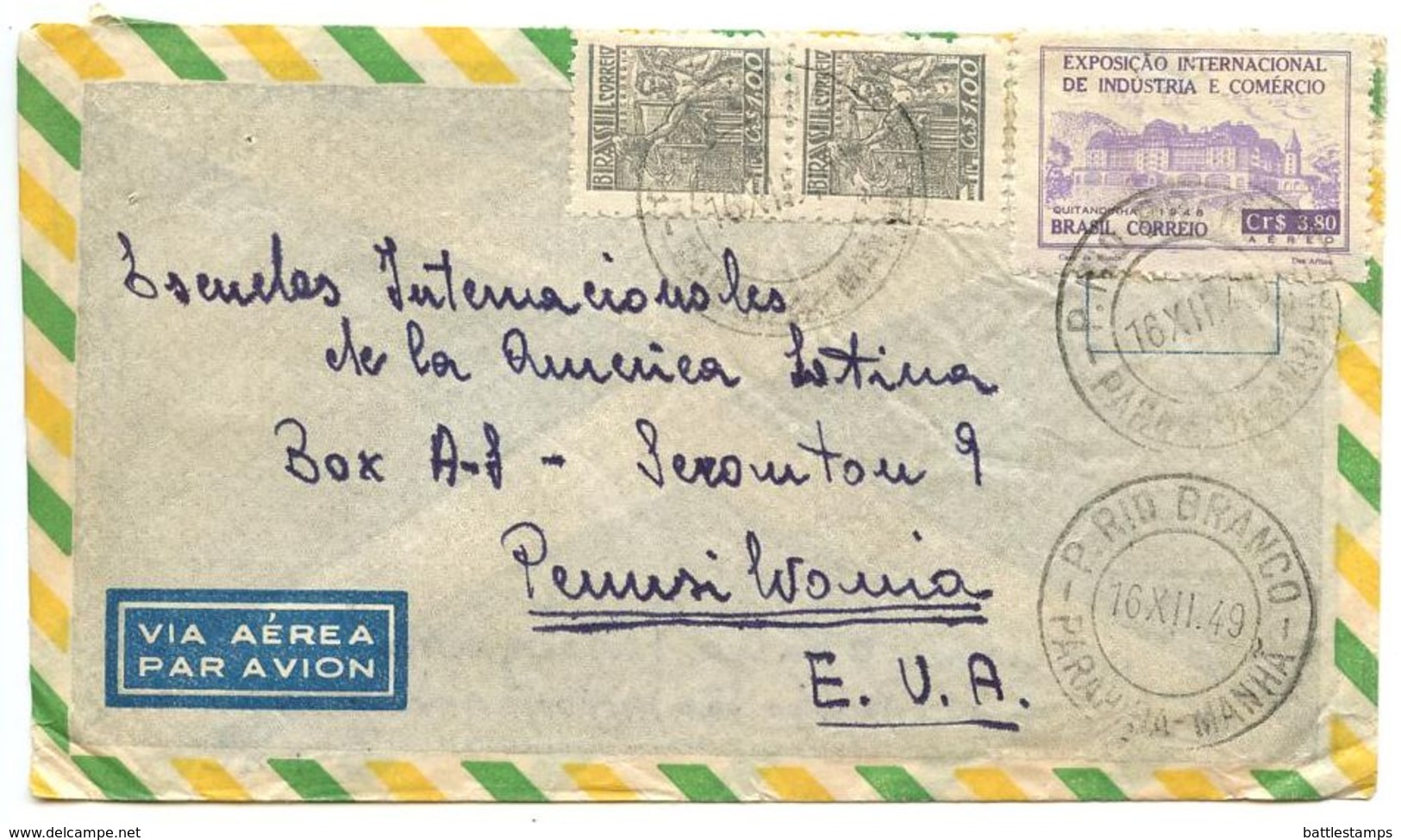 Brazil 1949 Airmail Cover P. Rio Branco To Scranton PA W/ Scott 664 & C69 - Covers & Documents