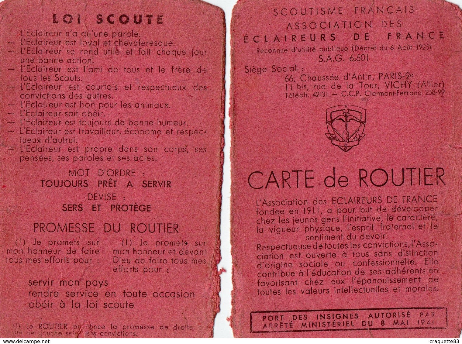 CARTE DE ROUTIER -SCOUTISME FRANCAIS ASSOCIATION DES ECLAIREURS DE FRANCE  1947  TOULON - Autres & Non Classés