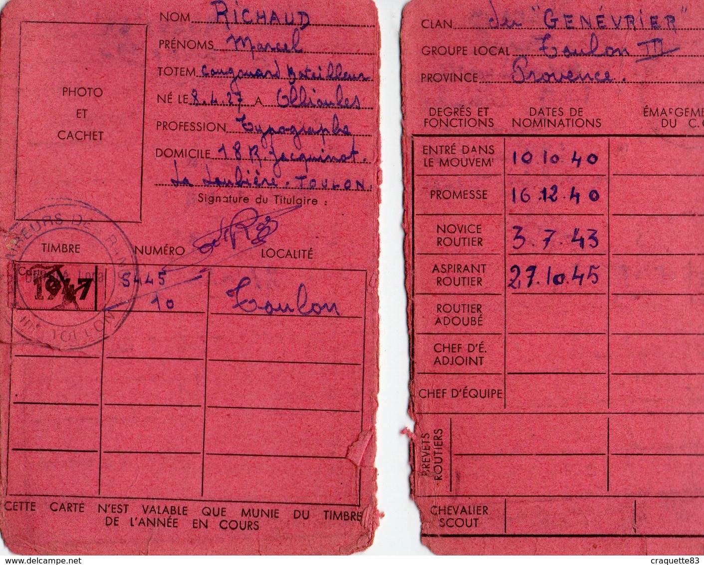 CARTE DE ROUTIER -SCOUTISME FRANCAIS ASSOCIATION DES ECLAIREURS DE FRANCE  1947  TOULON - Autres & Non Classés