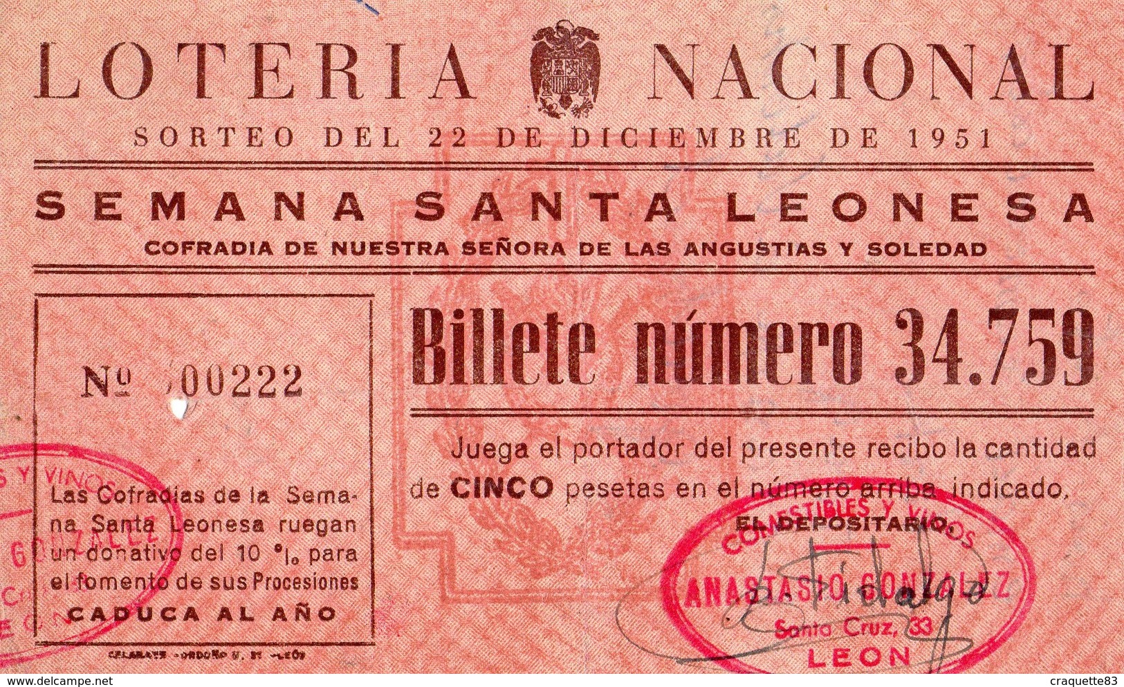 LOTERIA NACIONAL 22/12/1951- N°34.759  LEON - Billets De Loterie